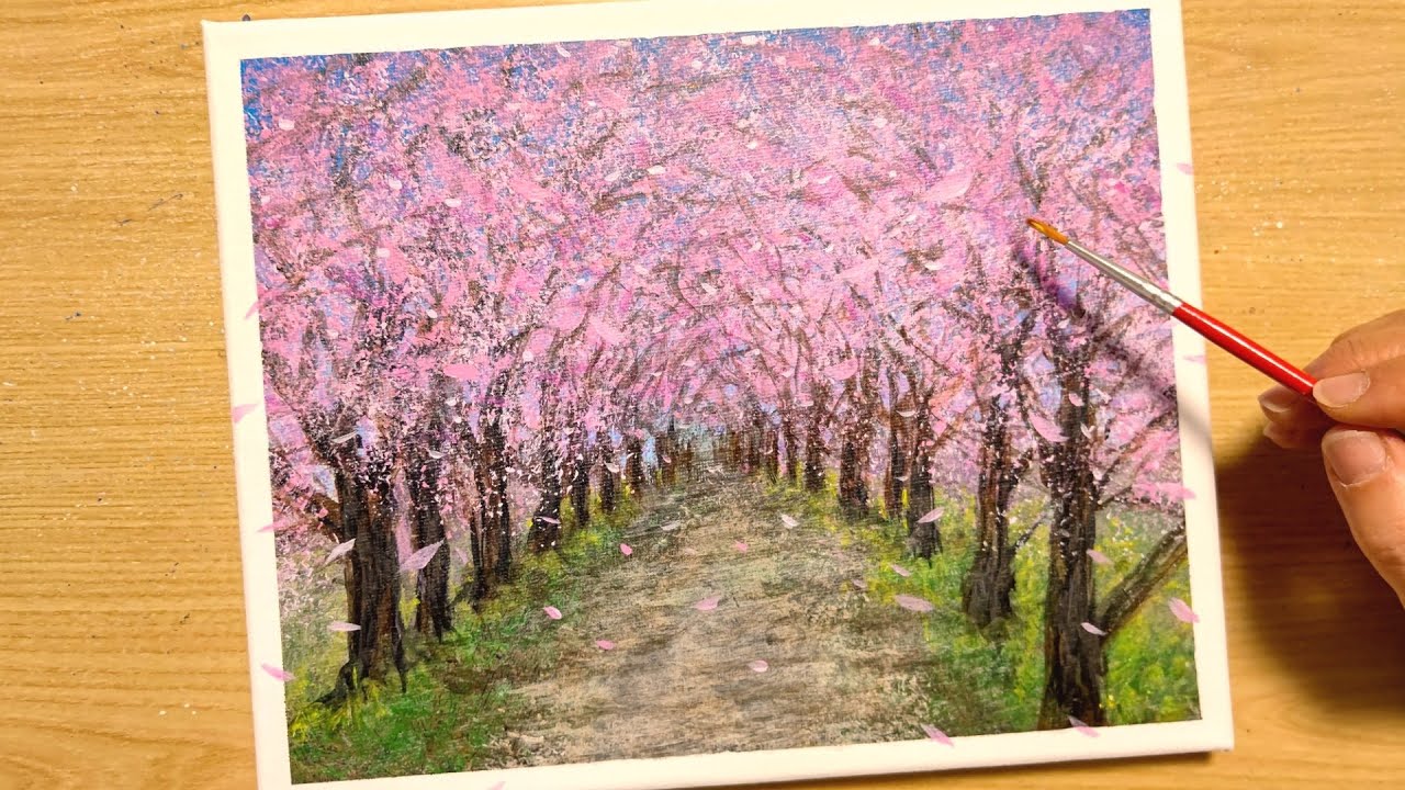 How to draw a row of cherry blossom trees with acrylic paint / for