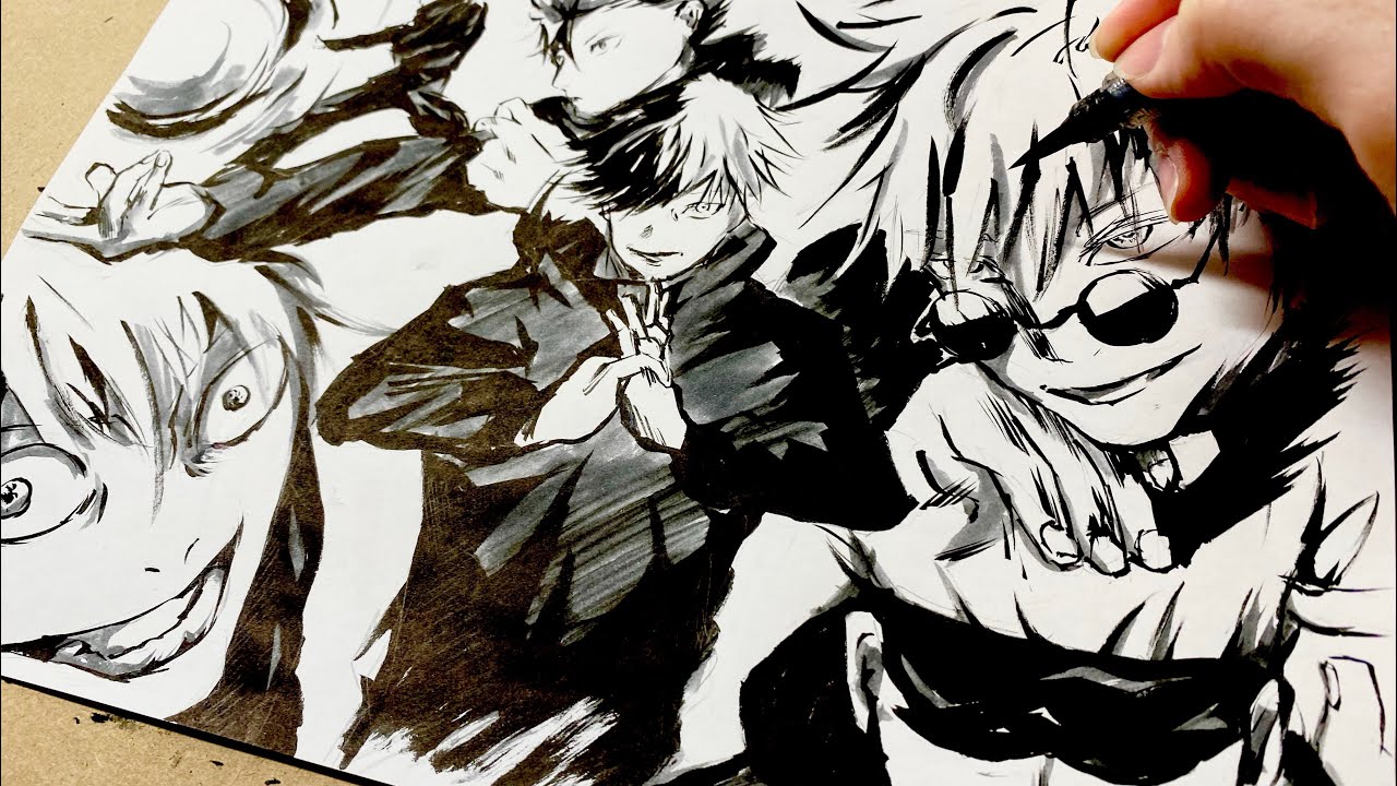 呪術廻戦】五条悟を筆ペンで紙いっぱいに描いてみた(墨絵/筆絵