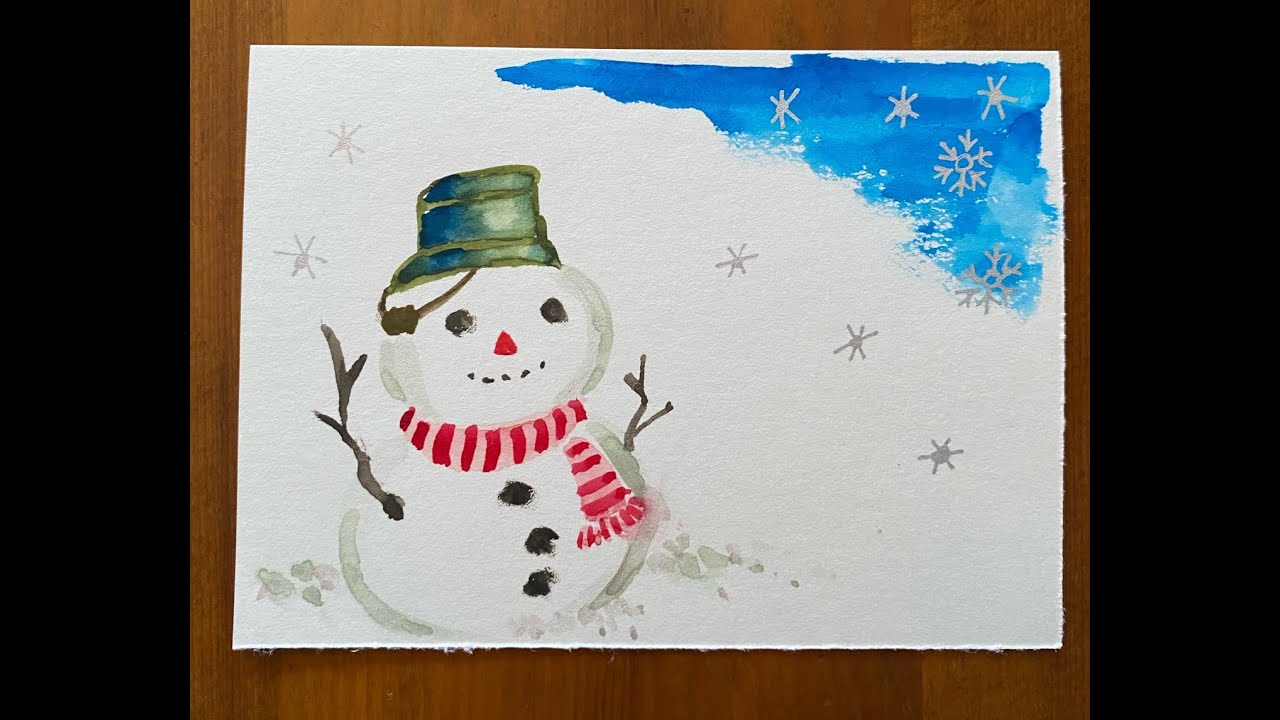 誰でも描けるハガキ絵💕【雪だるま⛄️】初心者・手書き・水彩画