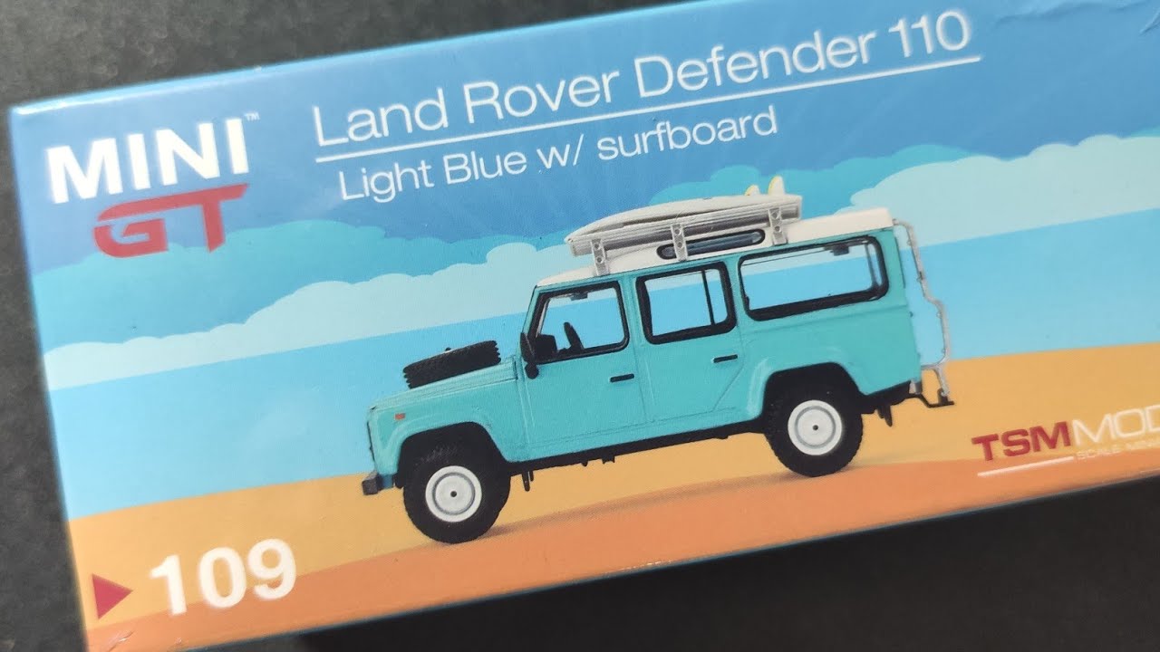 Mini GT Land Rover Defender 110 Light Blue with Surfboard - YouTube