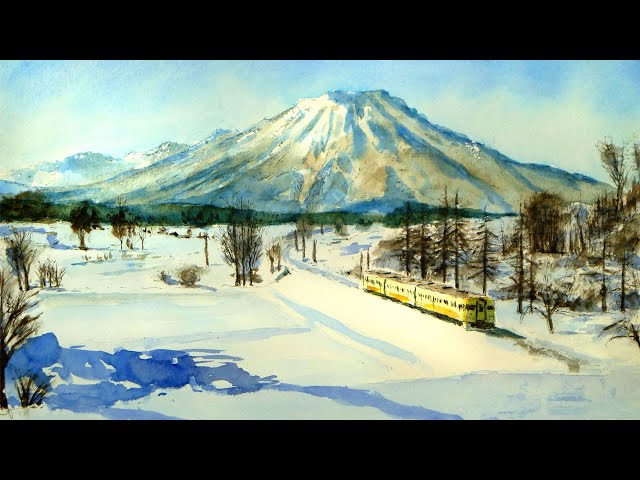 冬晴れの長野、黒姫山としなの鉄道（透明水彩風景画） Nagano in