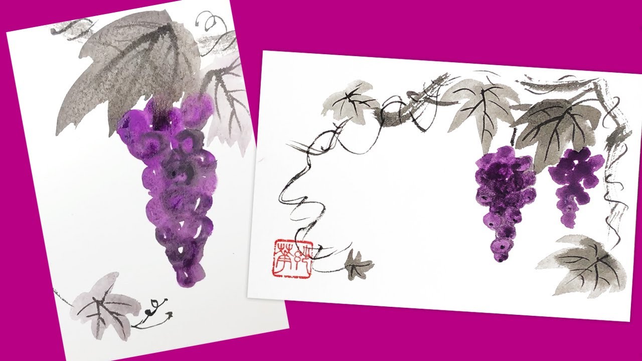 絵手紙妙華】簡単5分：ブドウの絵手紙の描き方2種（水墨画風） 10月
