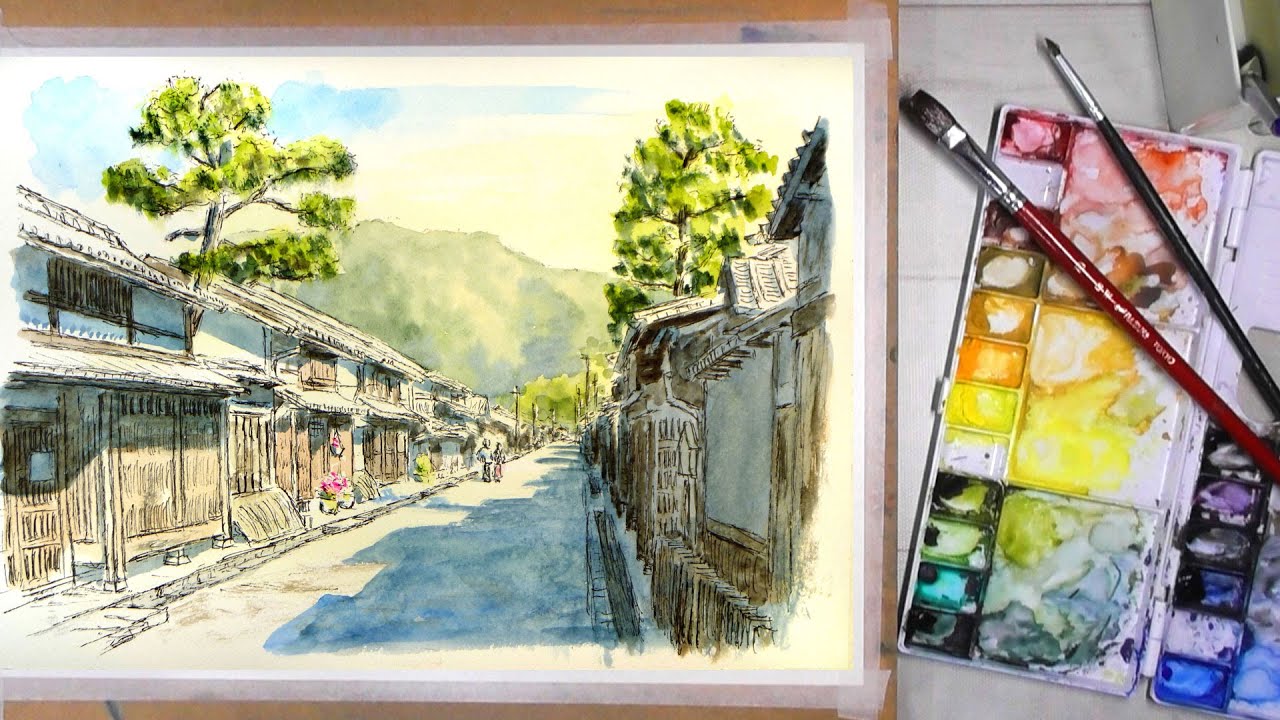 まっすぐな道は一点透視 ／ 滋賀県・近江八幡 【透明水彩風景画