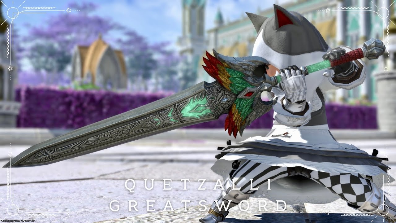 緑の宝石と三色羽根飾りが鮮やかな大剣・暗黒騎士武器『ケーツハリー