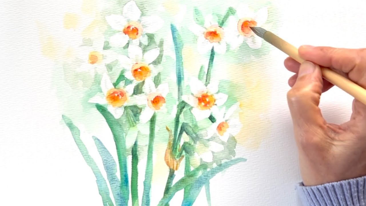 水彩画]ニホンスイセンを描く/watercolorpainting/制作過程 - YouTube