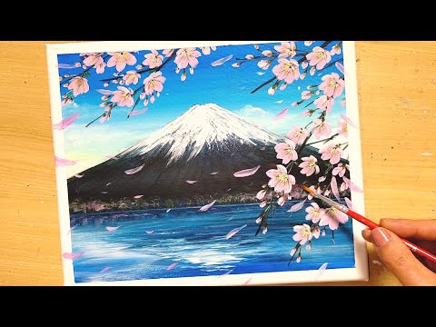 How to draw Cherry blossom and Mt. Fuji with acrylic paint