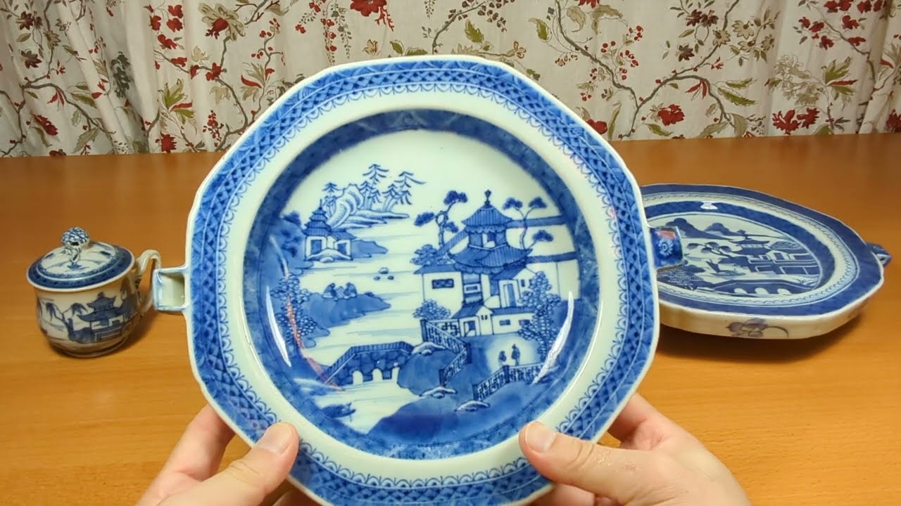 清乾隆嘉庆青花山水阁楼纹温盘和茶杯- YouTube