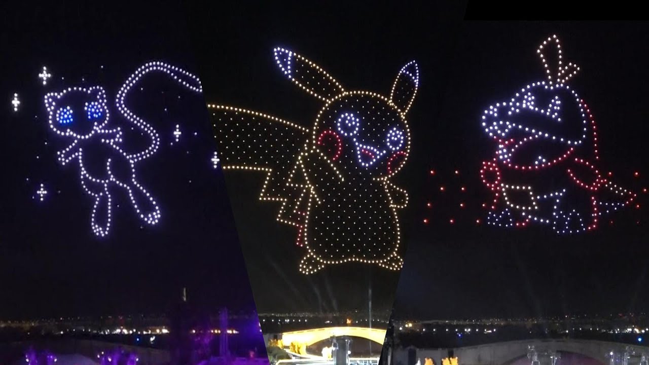 Pokémon appear in the Yokohama night sky at the Pokémon World