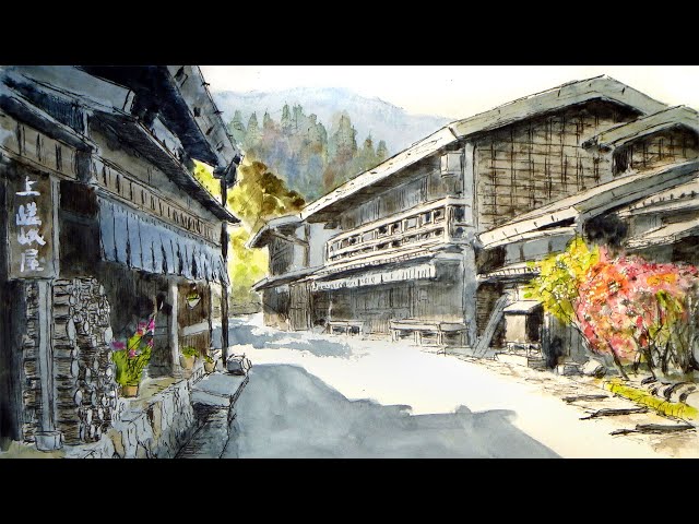 江戸時代の風景 中山道、妻籠宿 【透明水彩風景画】 Japanese old way