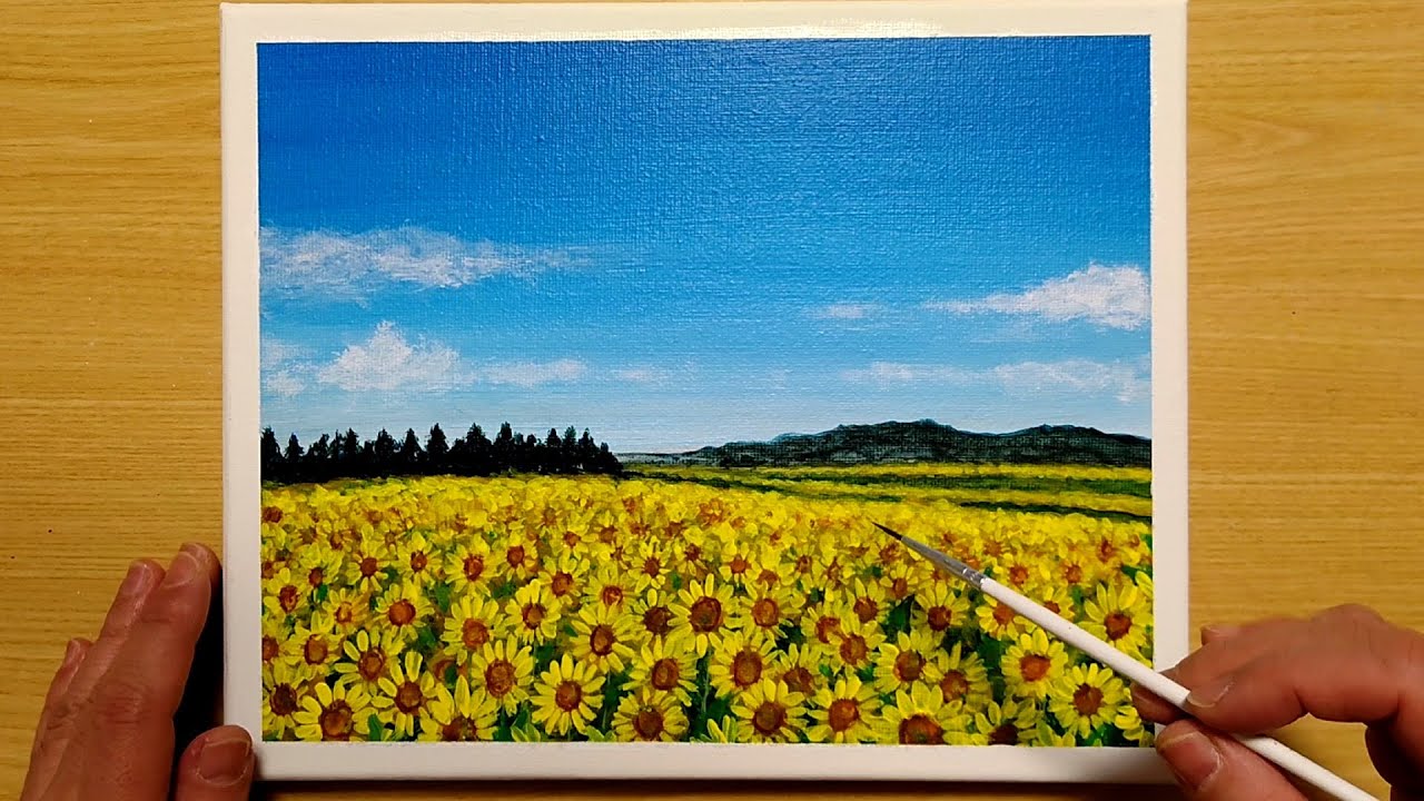 How to draw a sunflower field with acrylic paint / A simple