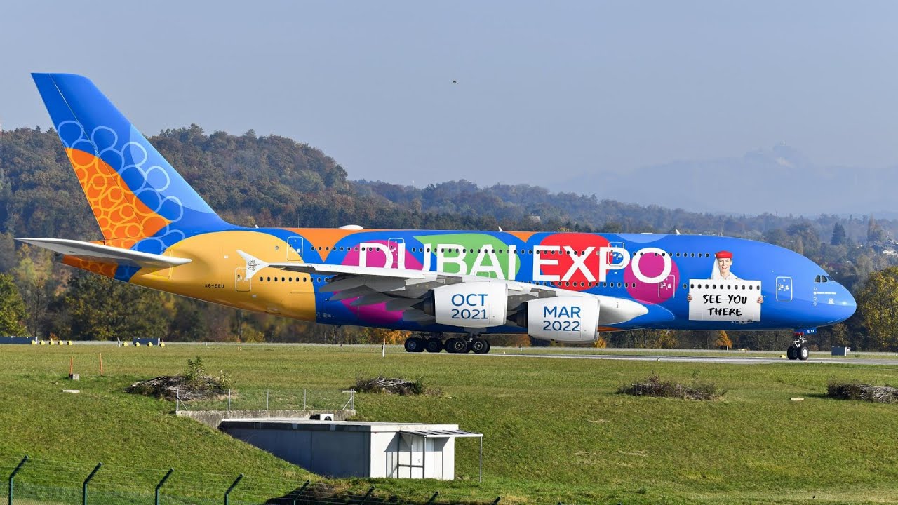 Emirates (Dubai Expo 2020) Airbus A380 push back taxiing and take