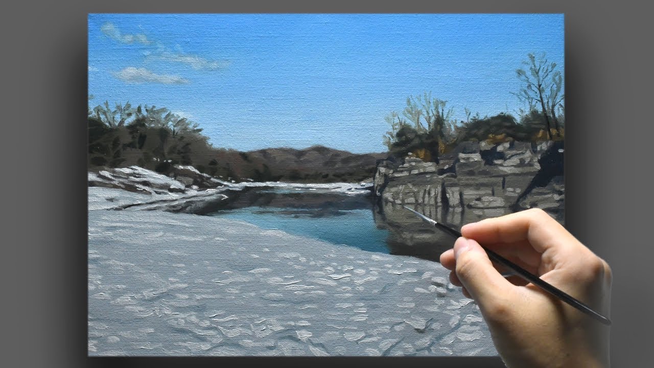 油絵] 4時間10分で描くリアルな冬の川の風景のメイキング | 描き方