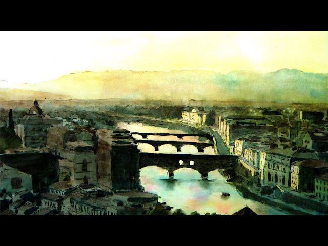 夕映えのイタリア・フィレンツェの街（透明水彩風景画）Florence