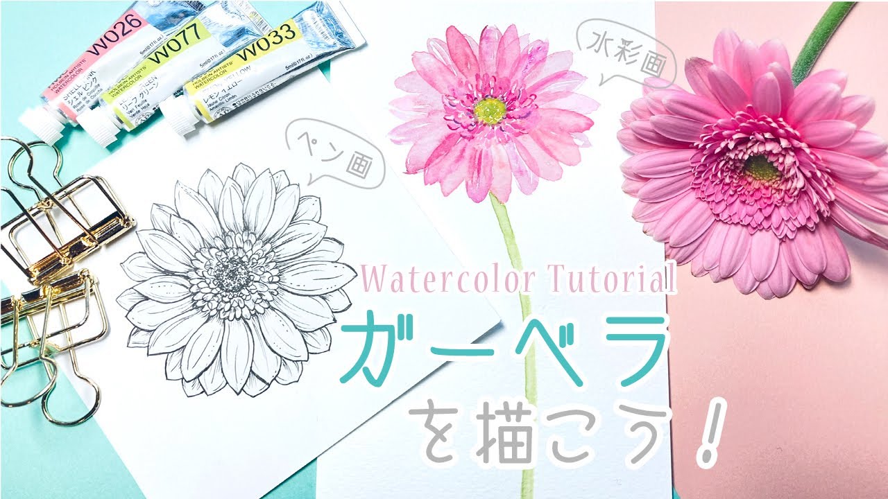 ガーベラの花の描き方【ペン画と水彩イラスト】黒ペンと水彩を使った2