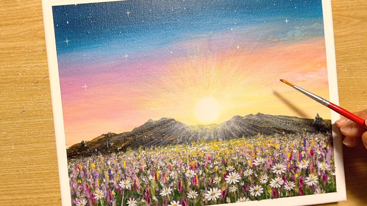 How to draw a sunset in a flower garden with acrylic paint / for