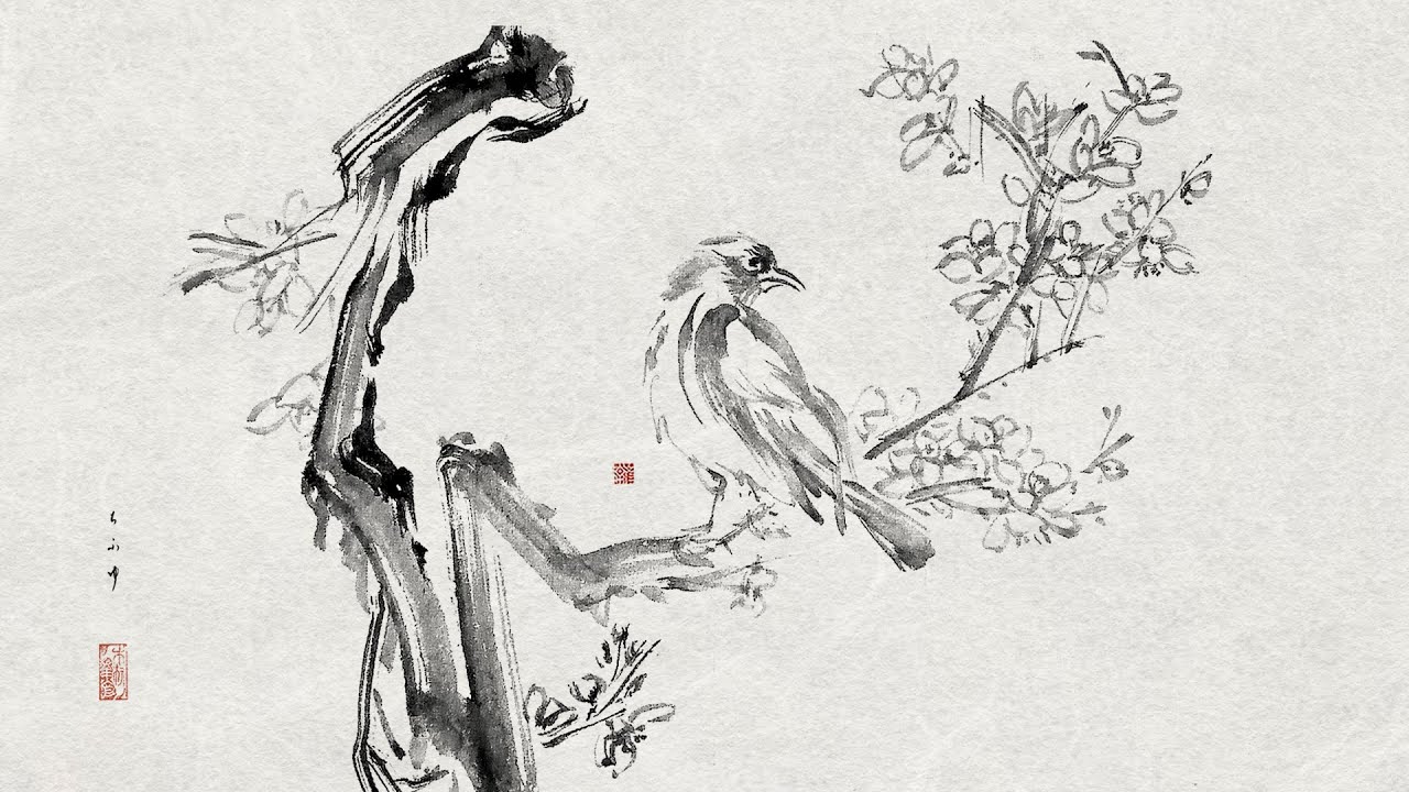 How to draw a Bird on flower plum. sumi-e /ink painting/One stroke