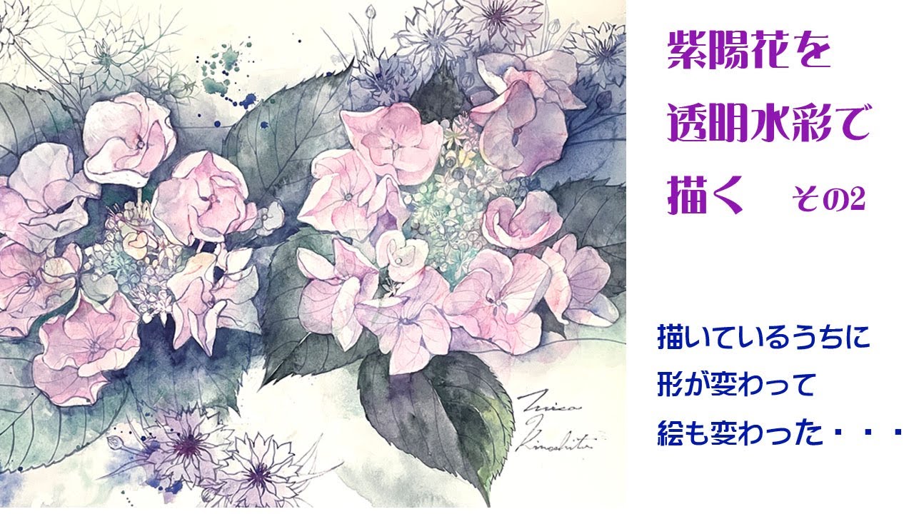 透明水彩で紫陽花を描く～描いているうちに形が変わって絵も変わった