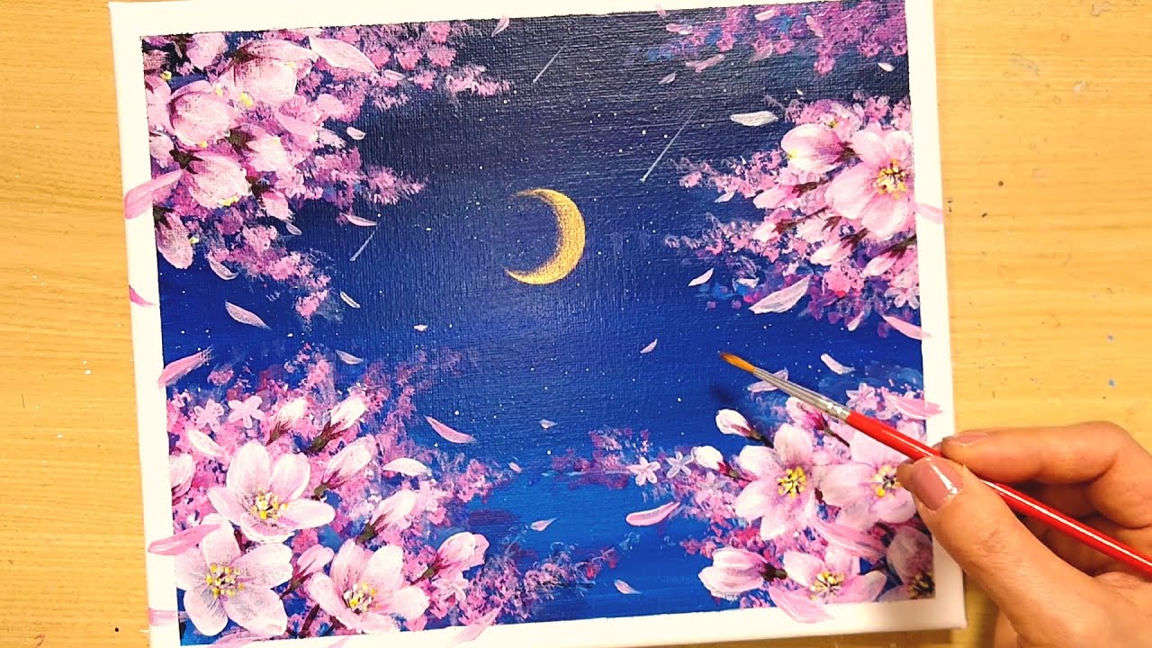 How to draw [night sky and pink cherry blossoms] with acrylic