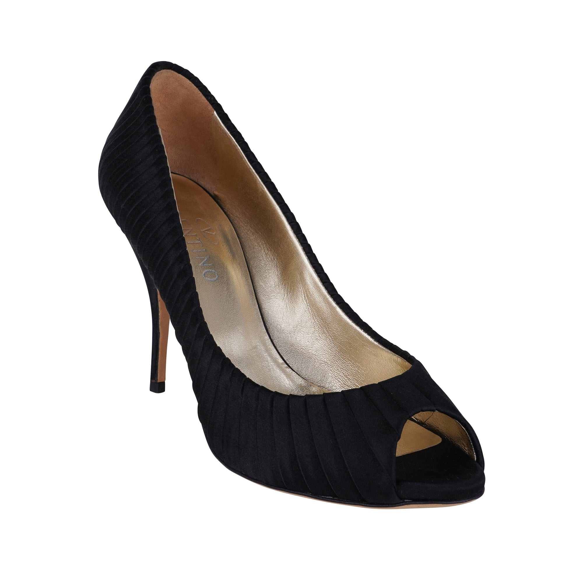Valentino Black Satin Peep Toe Pump – Tuxedo Pleated Heel