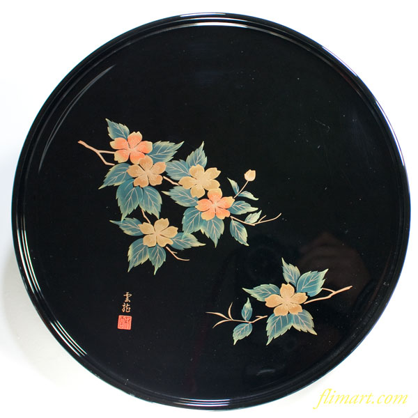 会津塗本金磨き蒔絵山吹十寸丸盆 | 和食器リサイクル通販専門店フリマート