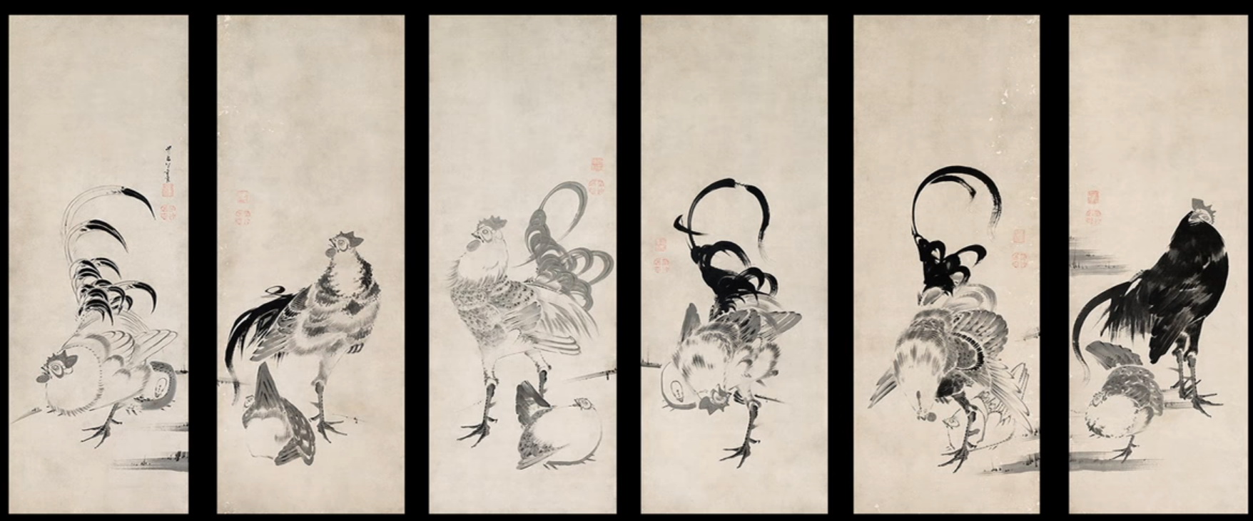 鶏図押絵貼屏風 Tori-zu Oshiebari Byobu(Chickens) | 伊藤若冲 Ito