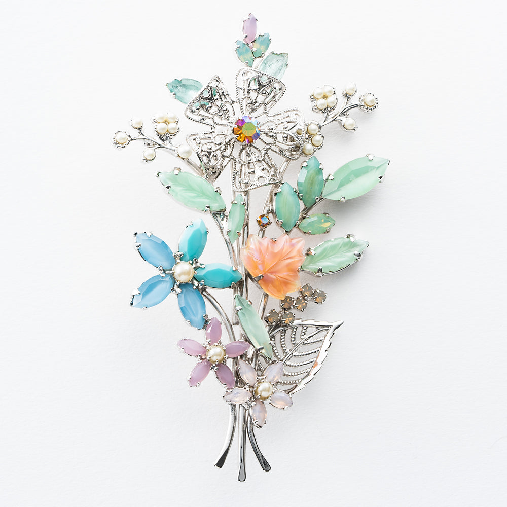 ブローチ ラインストーン ボヘミアングラス パール フラワー パステル