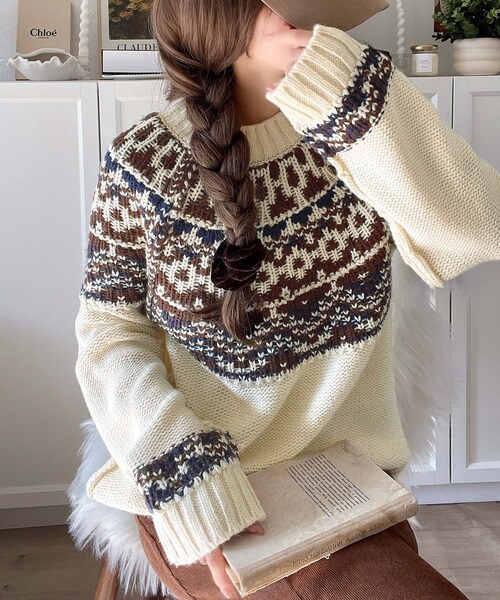 レトロ感が可愛い！ノルディック求心柄ニットセーター（長袖