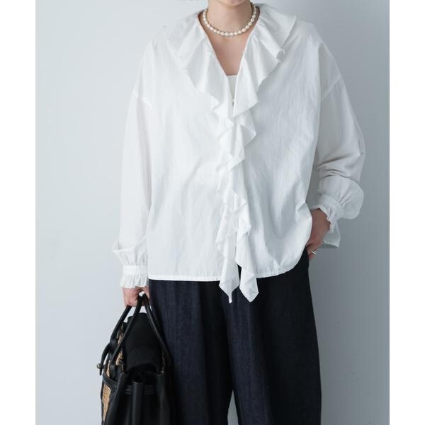 25AWタグ付＊かぐれ コットンシルクフリルブラウス グレー系チェック