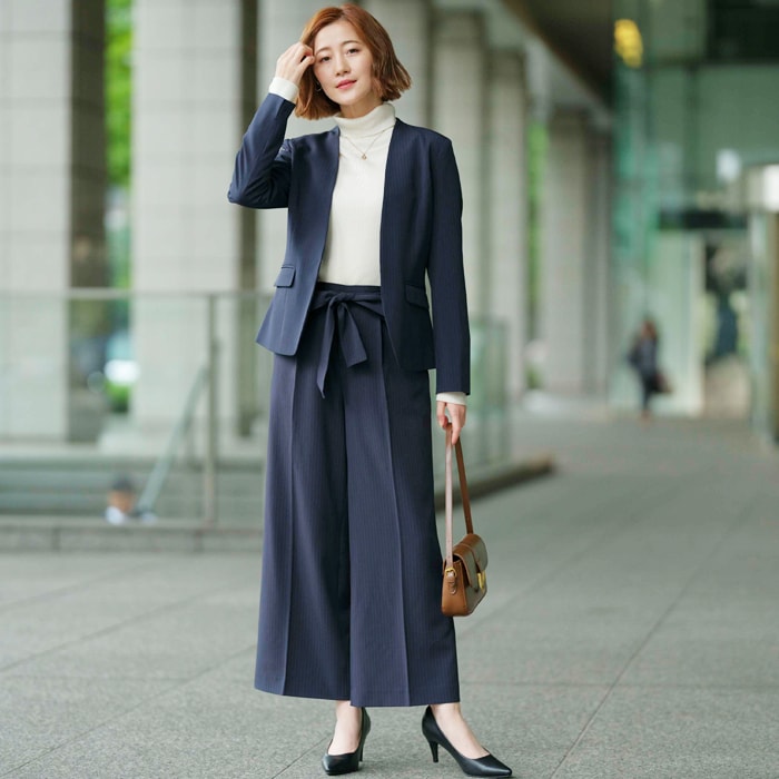 2点セットアップ】洗えるストレッチノーカラーワイドパンツスーツ