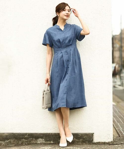 キーネック半袖ワンピース/洗える （ロング・マキシ丈ワンピース