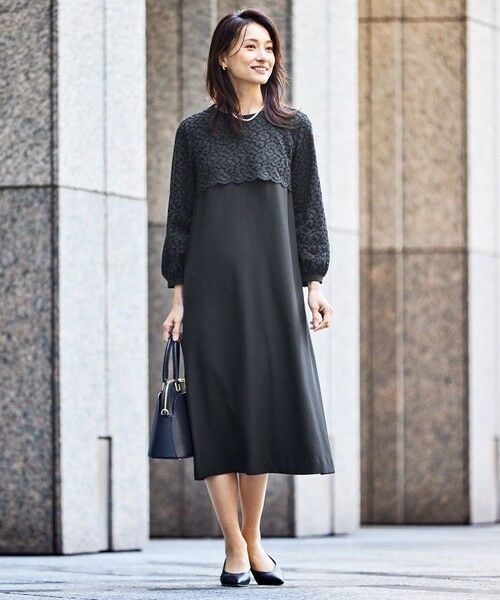セール】 【洗える】レースコンビジョーゼット ワンピース （ロング