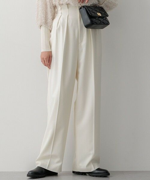 セール】 ナチュラルストレッチサキソニー タック ワイドパンツ