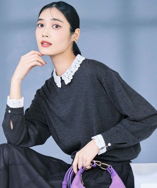 セール】 【洗える】エンブロイダリー フラワーレースコンビ ニット