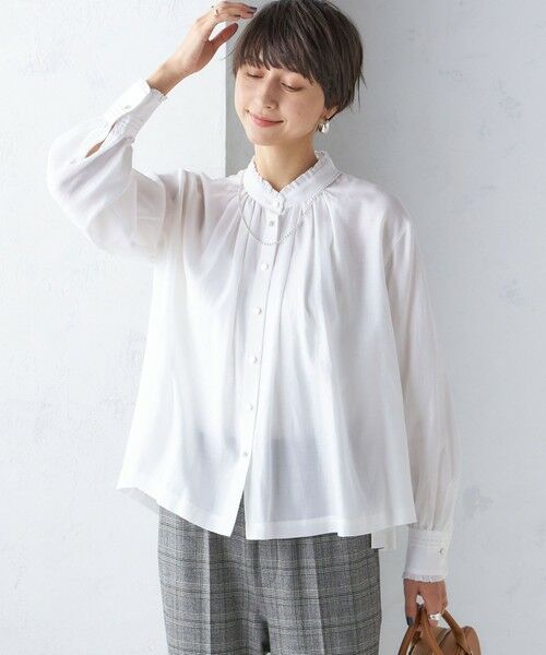 セール】 〈手洗い可能〉フリル ネック フロント ギャザー ブラウス