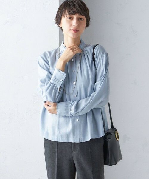 セール】 〈手洗い可能〉フリル ネック フロント ギャザー ブラウス