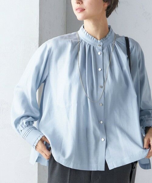 セール】 〈手洗い可能〉フリル ネック フロント ギャザー ブラウス