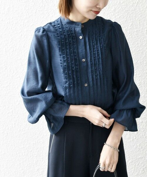 SHIPS any:〈手洗い可能〉シアー フリル バンドカラー シャツ ブラウス