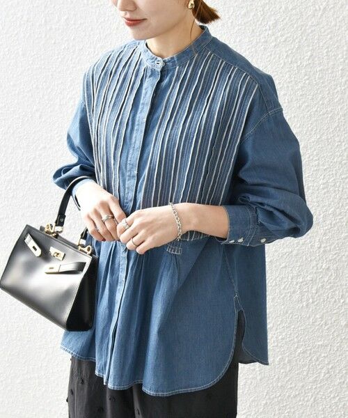 SHIPS any:〈洗濯機可能〉デニム シーム バンドカラー シャツ ブラウス