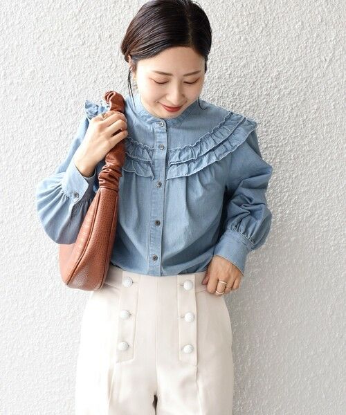 セール】 *〈手洗い可能〉デニムフリルブラウス◇ （シャツ・ブラウス