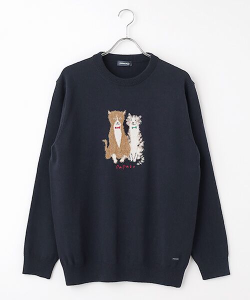 ウールニットインターシャ7G ネコ柄 クルーネックセーター （ニット