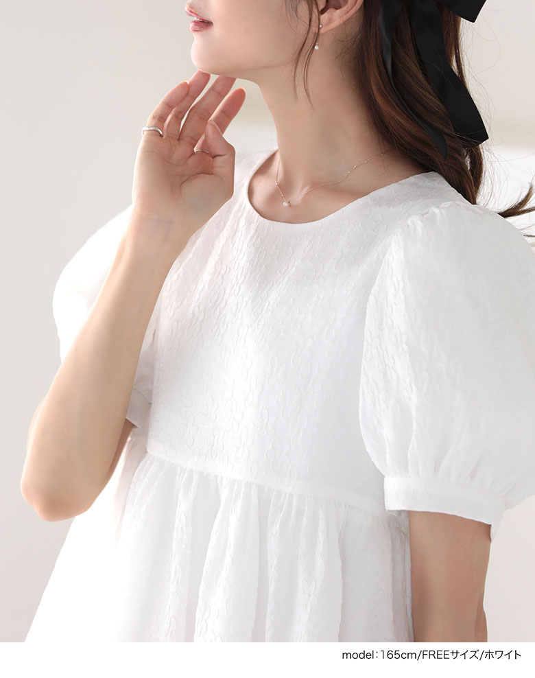 バックリボンフラワーデザインブラウス バックリボン ブラウス パフ袖