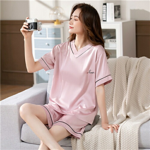 楽天市場】レディース 合成 シルク パジャマ 半袖 ピンク 紺 ルーム