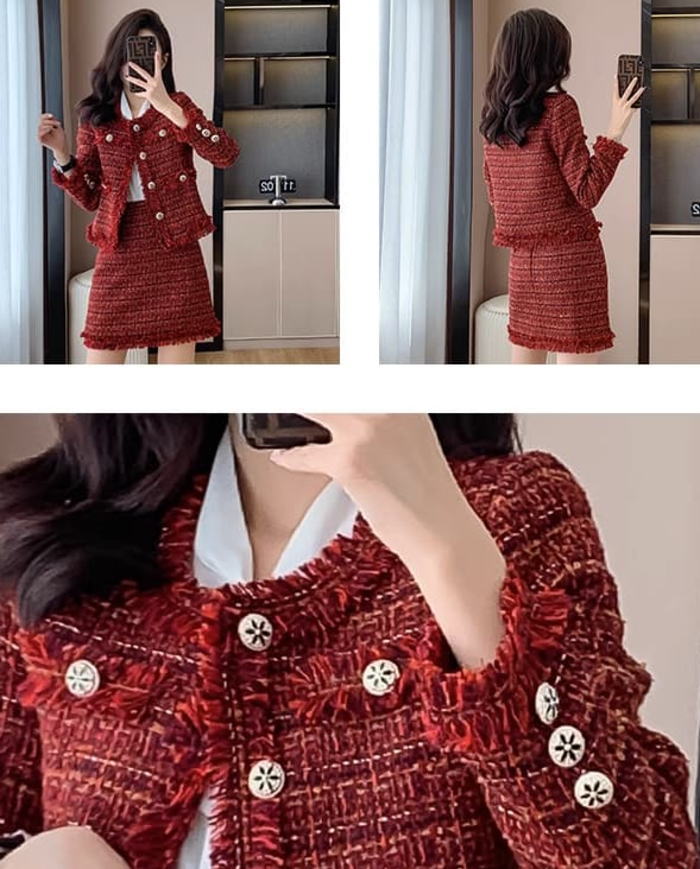 楽天市場】スカートセットアップ ノーカラー ツイード ボタン 長袖