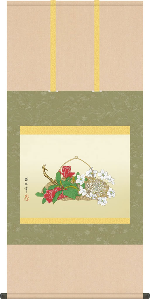 掛け軸-花籠図／狩野 探幽(尺五) 丈の短い掛軸 モダン オシャレ