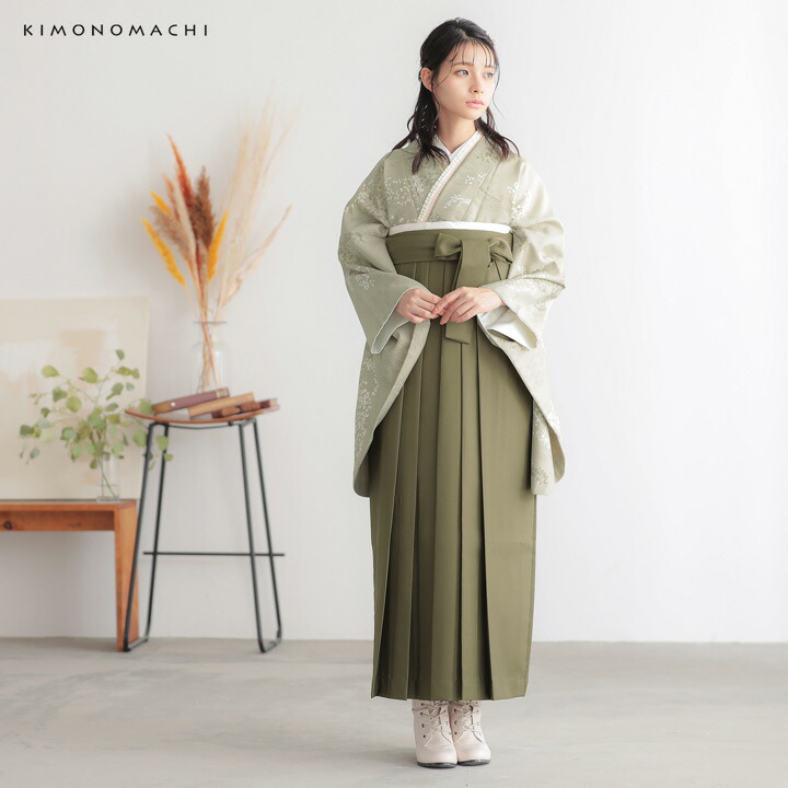 袴 セット 卒業式 女性 4点セット「二尺袖：かすみ草に青海波 灰黄緑＋