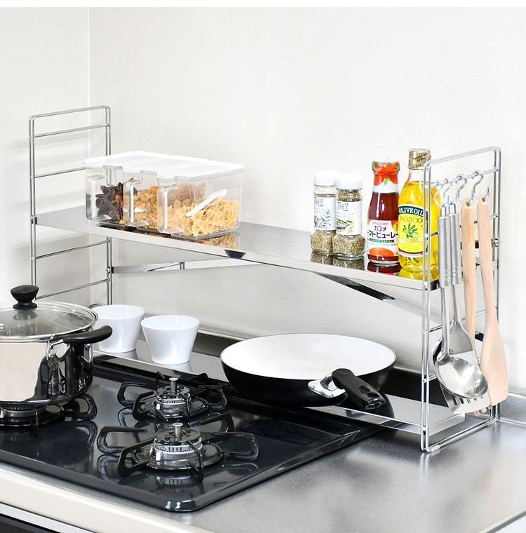 日本製 燕三条 排気口カバー付き コンロ奥多機能ラック 幅80cm 2段