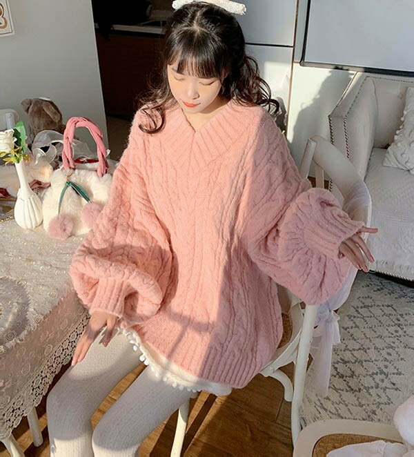 楽天市場】ニットセーター ピンク トップス 長袖 オーバーサイズ