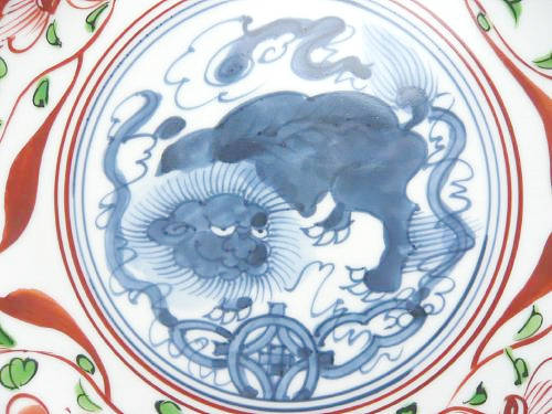 赤絵 玉取獅子 皿 8寸 - 京焼清水焼 松韻堂