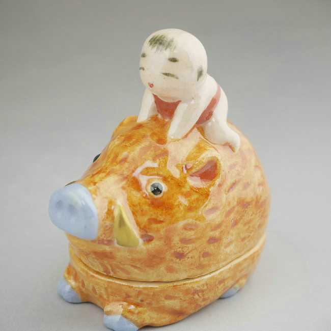 干支亥香合 猪乗童 桂楽 - 京焼清水焼 松韻堂