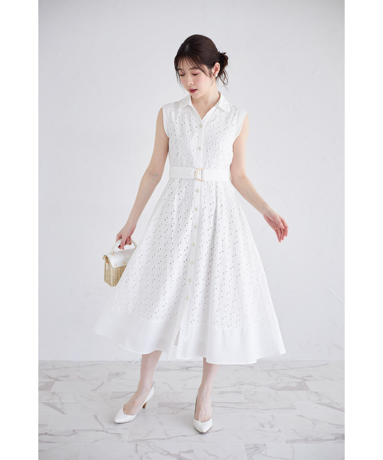 ベルト付き花釦フラワーコットンレースシャツワンピース